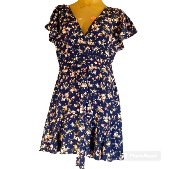 Trixxi Dark Y2K Floral Ditzy Print Flutter Sleeve Surplice Flared Dress XL - Picture 2 of 6